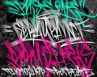 Pode incluir: Uma ilustração digital de arte de graffiti com as palavras "Spray On", "Separate" e "Brushes" em tinta branca, rosa e turquesa sobre um fundo pontilhado preto e branco. O texto "Photoshop Procreate" também é visível na parte inferior da imagem.
