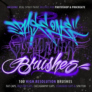 Pu&ograve; includere: Un'illustrazione digitale di un set di 100 pennelli per vernice spray ad alta risoluzione da utilizzare in Photoshop e Procreate. L'immagine presenta il testo "RASEONE REAL SPRAY PAINT BRUSHES FOR PHOTOSHOP & PROCREATE" e "Brushes" in un font graffiti stilizzato. Il testo &egrave; in uno schema di colori blu e viola vibrante con uno sfondo nero.