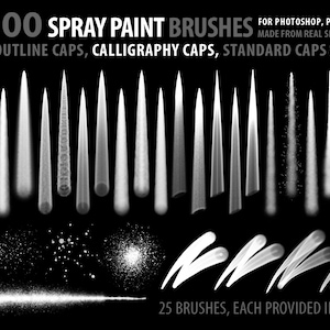 Pu&ograve; includere: 100 pennelli per vernice spray per Photoshop, Procreate e GIMP. I pennelli sono realizzati con vernice spray e tappi reali. L'immagine mostra una variet&agrave; di tratti di pennello, tra cui tappi grassi, tappi di contorno, tappi di calligrafia, tappi standard e schizzi. 25 pennelli, ognuno fornito in 4 pesi.