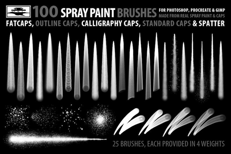 Pu&ograve; includere: 100 pennelli per vernice spray per Photoshop, Procreate e GIMP. I pennelli sono realizzati con vernice spray e tappi reali. L'immagine mostra una variet&agrave; di tratti di pennello, tra cui tappi grassi, tappi di contorno, tappi di calligrafia, tappi standard e schizzi. 25 pennelli, ognuno fornito in 4 pesi.