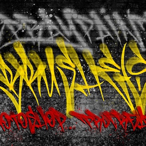 Pu&ograve; includere: Arte graffiti su un muro di mattoni con le parole "SPRAYPAINT", "BRUSHED", "PHOTOSHOP" e "TRADITIONAL" in vernice gialla, bianca e rossa.