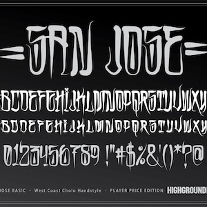 May include: A white font design with the text "SAN JOSE" in a bold, stylized font. The font includes uppercase letters, numbers, and punctuation marks. The text "SAN JOSE BASIC - West Coast Cholo Handstyle - PLAYER PRICE EDITION HIGHGROUND" appears below the font.