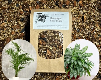 May include: A brown paper bag labeled "Rainforest Floor Blend" with a clear window showing soil mix. The bag is surrounded by a wood chip background. Two potted plants are in the foreground, one with long green leaves and the other with silver and green leaves.