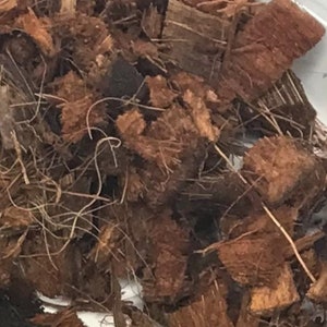 May include: Close-up of a pile of brown coconut coir, a natural fiber substrate. The coir is composed of irregularly shaped pieces and strands, with varying shades of brown and tan. This material is commonly used in gardening and horticulture.
