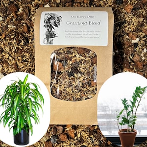 May include: A brown paper bag with a label that reads "OH HAPPY DIRT! Grassland Blend" and the text "Built to mimic the fertile soils found in the grasslands in Africa. Perfect for dracaenas, ZZ plants, and more!" The bag contains a brown soil mix. Two potted plants are shown in the image. One is a green and yellow variegated plant in a black pot. The other is a green plant in a brown pot.