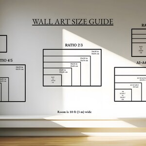 May include: A wall art size guide with various aspect ratios and dimensions in inches and centimeters. The guide includes ratios like 4:5, 2:3, and 3:4, with sizes such as 8x10 inches and 24x36 inches. The text "WALL ART SIZE GUIDE" is at the top.