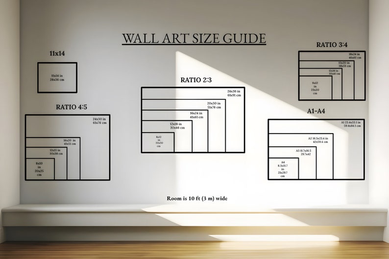 May include: A wall art size guide with various aspect ratios and dimensions in inches and centimeters. The guide includes ratios like 4:5, 2:3, and 3:4, with sizes such as 8x10 inches and 24x36 inches. The text "WALL ART SIZE GUIDE" is at the top.