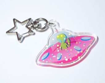 Alien UFO Keychain, Holo Alien Charms, Cute Alien gifts for her, Pink Alien Spaceship keychain, Outer Space Accessories for women