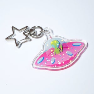 Alien UFO Keychain, Holo Alien Charms, Cute Alien gifts for her, Pink Alien Spaceship keychain, Outer Space Accessories for women