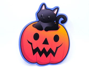 Black Cat Sticker, Halloween Vinyl Sticker for Laptop, Pumpkin Cat, Animal Lover Gift, Animal Stickers