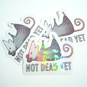 May include: Four stickers featuring a cartoon possum with the text "Not Dead Yet" in black and white. One sticker has a holographic finish.