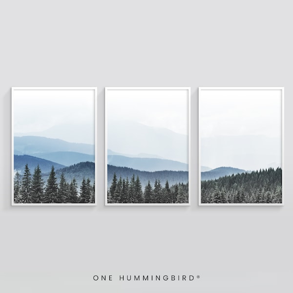 3 pièces Misty Mountain Forest Printable Wall Art, ensemble de 3 affiches minimalistes scandinaves de la forêt, Misty Forest, Art mural nordique moderne