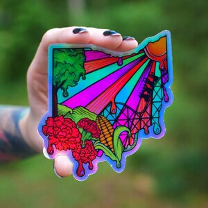 Adesivo holográfico de Ohio, presente de OH, adesivo de milho, cravos, adesivo de montanha-russa, arte de montanha-russa, arte de Ohio, decoração de Ohio, natureza holográfica