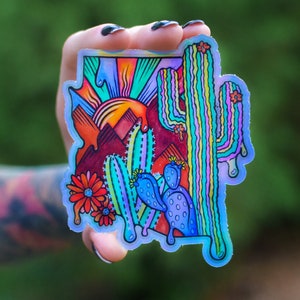 Arizona Holographic Sticker, AZ Sticker, Zona, Kaktus Sticker, Saguaro Art, Feigenkaktus, Wüsten Sticker, Wüsten Art, Southwest Art, Tucson