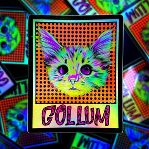 Adesivo holográfico Gollum Kitten, adesivo de gato, adesivo de galáxia, adesivo adotivo, decoração de gato, gato selvagem, gatinho adotivo, tigre, óculos de gato