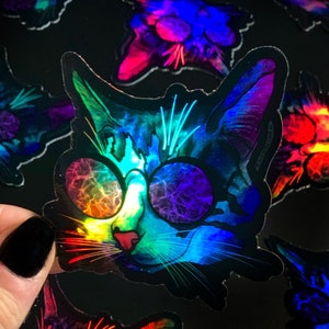 Adesivo holográfico de gato espacial, adesivo de gato, adesivo de galáxia, adesivo de astronauta, decoração de gato, gato selvagem, impressão de gato, tigre, óculos de gato, miau