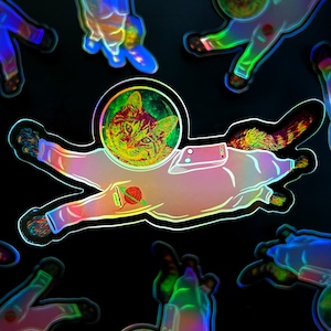 Astro Jiggles pegatina holográfica de gato, pegatina de gato astronauta, impresión de gato, pegatina de gato negro, gatito espacial, paseo lunar, tabby, dama gato