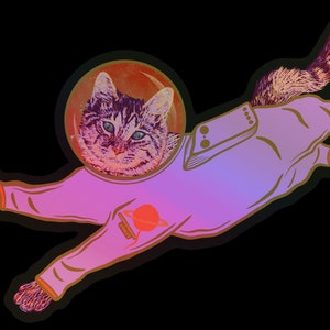 Astro Jiggles holografischer Katzenaufkleber, Astronaut Katzenaufkleber, Katzendruck, schwarze Katzenaufkleber, Space Kitty, Mondspaziergang, Tabby, Katzendame
