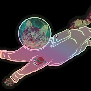 Adesivo de gato holográfico Astro Jiggles, adesivo de gato astronauta, estampa de gato, adesivo de gato preto, gatinho espacial, caminhada na lua, malhado, senhora de gato