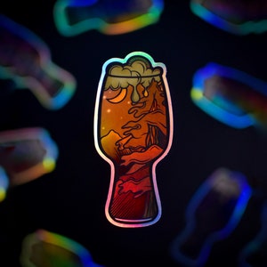 Adesivo holográfico de cerveja Porter, adesivo de cerveja, decoração de cerveja, arte de lúpulo, adesivo de lúpulo, cerveja artesanal, cervejas, cerveja Stou, luar, noite estrelada
