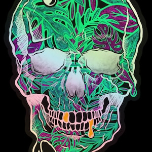 Etiqueta engomada de la planta del cráneo, calcomanía de vinilo, arte del cráneo, pegatina de la planta, monstera, pegatina tropical, pegatina del ordenador portátil, calcomanía del coche, arte del esqueleto, papá de la planta
