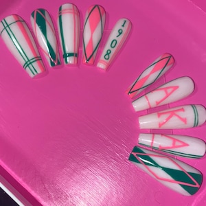 AKA press on nails|Alpha Kappa Alpha|Pink and Green|Sorority Press on|College Nails| Graduation press ons|HBCU nails|Divine Nine|1908|plaid