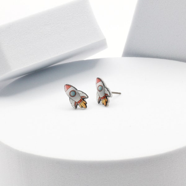 Space Ship Earrings, Rocket Ship Studs, Astronomy Lover Jewelry, Outer Space Fashion Accessory, School Science Teacher Appreciation Gift