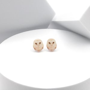 May include: A pair of white owl stud earrings. The owls are facing forward with their eyes open. The earrings are made of a white material with brown details.