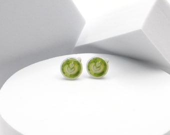 Matcha Latte Art Earrings, Japanese Green Tea Studs, Cute Drink Lover Gift, Hot Beverage Women's Fashion Accessory, Tiny Girls' Jewelry