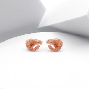 May include: Two small, cooked shrimp, with a reddish-orange hue, are positioned on a white surface. The shrimp are facing each other, with their curved bodies and visible segments. The background is a minimalist white and gray geometric design.