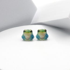 May include: Two frog-shaped earrings. Each earring depicts a small frog with a green head, blue body, and white belly. The earrings are presented against a white backdrop.