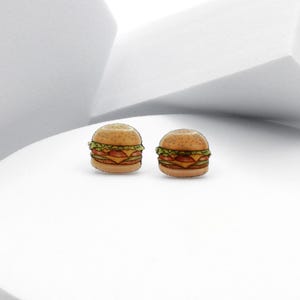 Burger Earrings, Hamburger Studs, Cute Cheeseburger Lunch Gift, Foodie Women's Fashion Accessory, Tiny American Fast Food Girls' Jewelry
