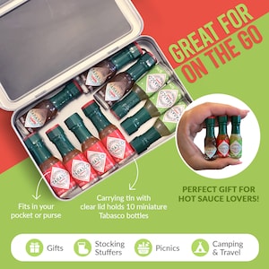 10 Mini Tabasco Sauce Bottles with Travel Tin, Mini Hot Sauce Bottles,  Original, Green, and Chipotle .75oz Bottles, Travel Hot Sauce