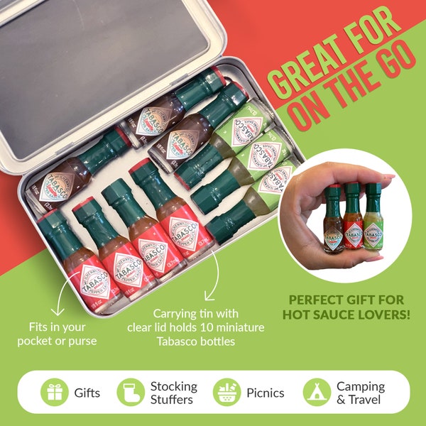 10 Mini Tabasco Sauce Bottles with Travel Tin, Mini Hot Sauce Bottles,  Original, Green, and Chipotle .75oz Bottles, Travel Hot Sauce