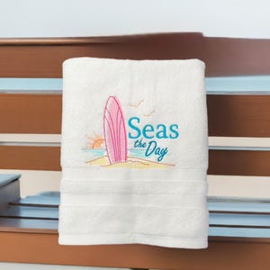 Beach Design Embroidered  White hand Towel. Seas the Day. beach theme, Surf & waves.