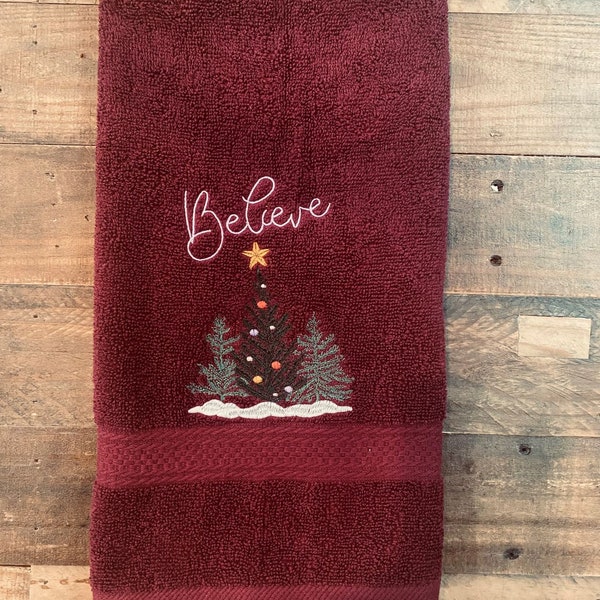 Christmas Hand Towel - Christmas-holiday Towels. Holiday Bathroom towels. BELIEVE Embroidered Hand Towel