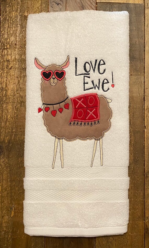 Llama I Love Ewe Hand Towel Embroidered Hand Towels. Bathroom