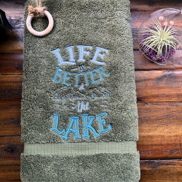 Lake Design Embroidered White Hand Towel. Life is Better At the Lake. Summer Vibes. Lake Theme. Splash