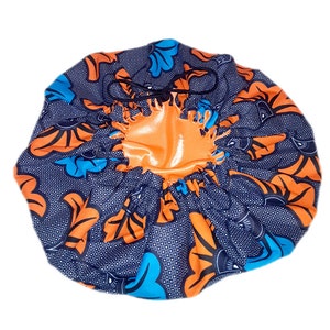 Ankara Multi Color Bonnet Satin Lined Sleep Cap-Reversible-Blue Orange Bonnet 