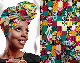 May include: A colorful fabric with a geometric pattern in shades of red, yellow, green, and black. The fabric features squares, circles, and floral designs.