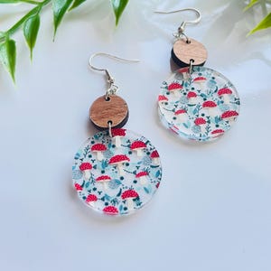 Mushroom Earrings, Wood and Acrylic Earrings