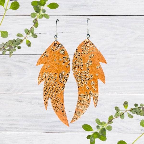 Annies Earrings, Orange leather earrings, angel wings, Orange Earrings, Angel Wing Earrings