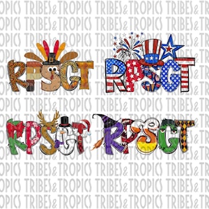 Może przedstawiać: Projekt z napisem "RESPECT" w różnych świątecznych stylach. Jeden przedstawia indyka, inny motyw amerykańskiej flagi, a pozostałe motywy świąteczne. Tło to powtarzający się wzór "TRIBES & TROPICS".