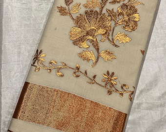 Indian ethnic Onam special cotton Kerala saree with kasavu copper embroidery  Sacred  Sari Khadi Cotton Onam kasavu Saree Vishu Visu Diwali