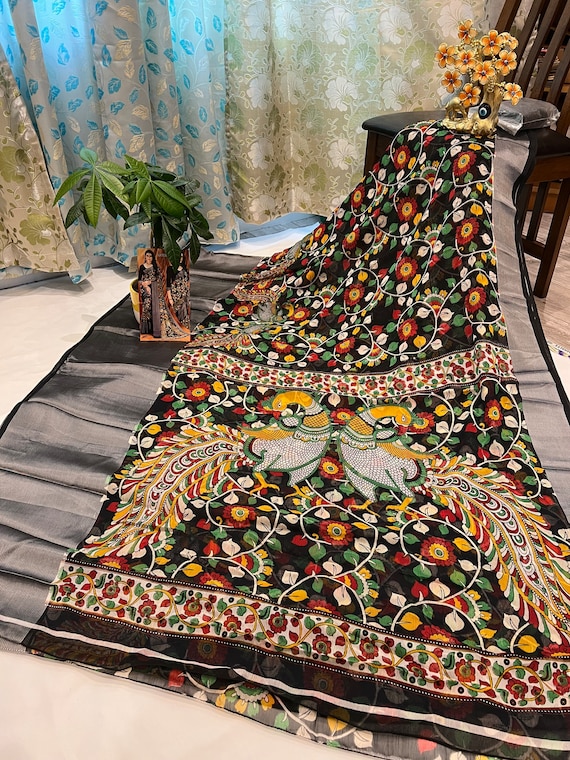 Indian Bollywood pure chiffon fancy saree sari with Kalamkari prints ,brasso silver border and stitched designer choli blouse