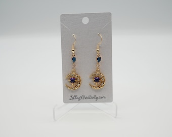 Purple and Blue Reflective Golden Moon Earrings