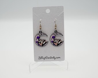 Purple Crystal Crescent Moon Earrings