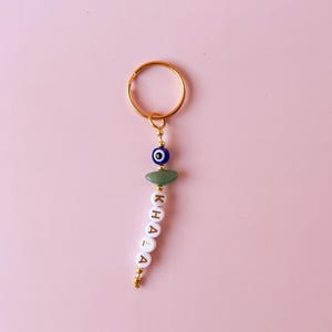 Aventurin personalisierte Kristall Schlüsselanhänger mit einem Evil Eye Bead mit Namen oder Wort, personalisierbar, nettes Geschenk, Girly Schlüsselanhänger, Taschenanhänger, Schutz