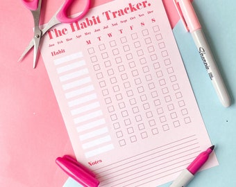 The Habit Tracker | Healthy Habits | Routine | Pink | Red | White | Notes | Date | Motivation | Productive | Tick List | Notepad