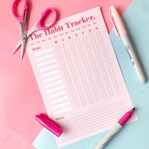 The Habit Tracker | Healthy Habits | Routine | Pink | Red | White | Notes | Date | Motivation | Productive | Tick List | Notepad